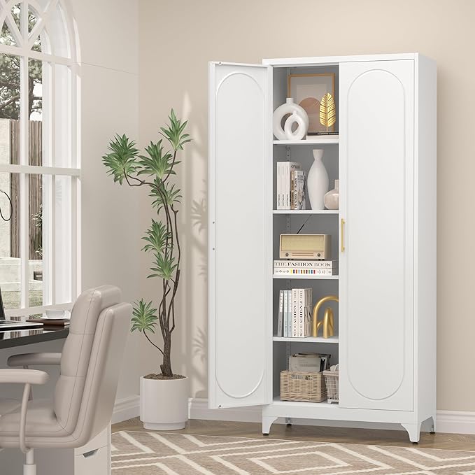 75" Tall Pantry Storage Cabinet, Tall Kitchen Pantry Storage Cabinet with Doors and 4 Adjustable Shelves, Freestanding Cupboard for Kitchen, Dining Room, Living Room, Bathroom, White