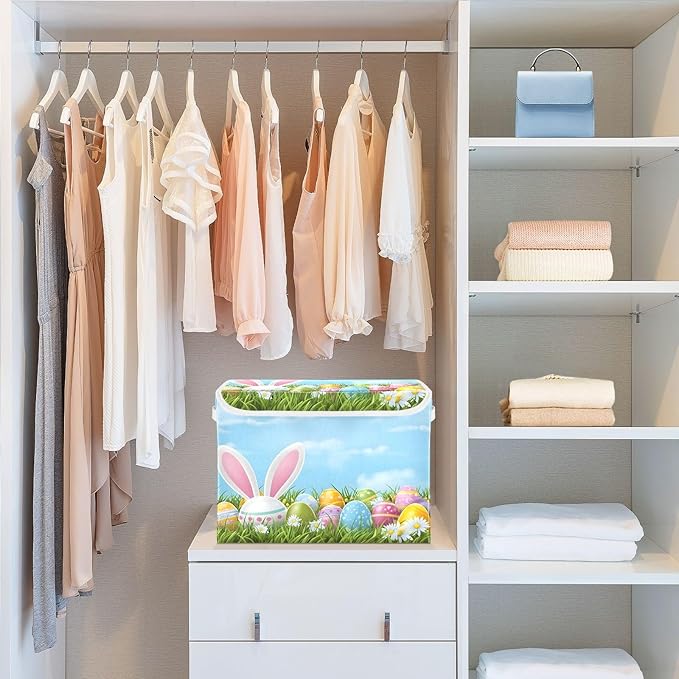 Bolaz Easter Bunny Ear Egg Storage Bins with Lids and Handles, Storage Box Basket with Cover Collapsible Organizer Containers for Home Closet, Shelves