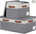 Extra Large Storage Bins with Lids, Foldable Fabric Storage Baskets with Lids, Sturdy Storage Boxes with Labels and 3 PU Handles for Closet Home Bedroom Office (32L, 3 Packs, Grey&White)