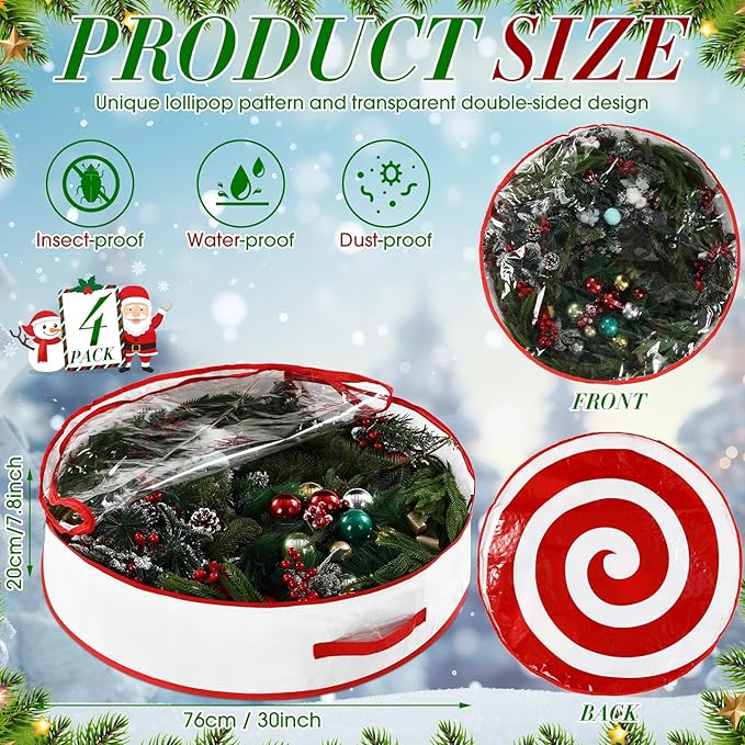 4 Pcs 30 Inch Christmas Wreath Storage Bag Candy Cane Wreath Storage Container Clear Window Dual Zipper Handle Red White Peppermint Garland Organizer for Holiday Decoration, Classic Lollipop