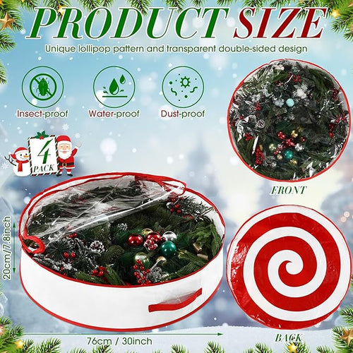 4 Pcs 30 Inch Christmas Wreath Storage Bag Candy Cane Wreath Storage Container Clear Window Dual Zipper Handle Red White Peppermint Garland Organizer for Holiday Decoration, Classic Lollipop