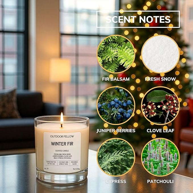 Outdoor Fellow Winter Fir Candle | Luxury Scented Candle with Coconut & Apricot Wax Blend | Fir, Juniper & Cypress Notes | 40+ Hour Burn Time | Cozy Fragrance for Home (8oz)