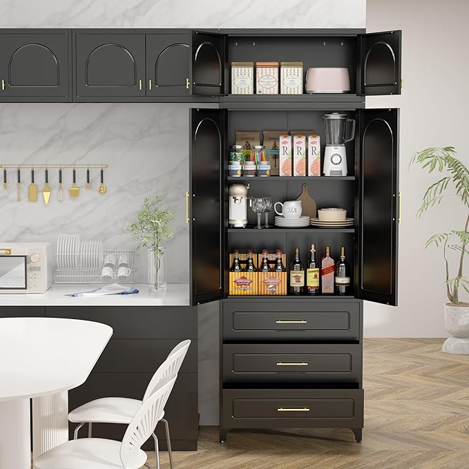 Metal Storage Cabinet with Doors and Shelves, 90" Tall Kitchen Pantry Storage Cabinets with 3 Drawer, Black Pantry Closet, Steel Large Cupboard, High Leveling Feet- Assembly Required