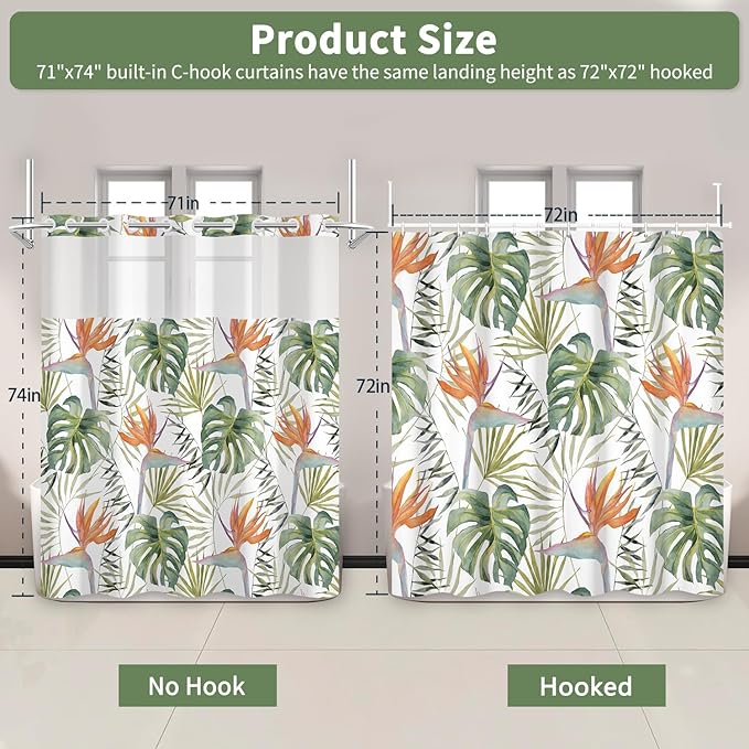 TQUQOBU Tropical Leaves Shower Curtains for Bathroom, Waterproof Double Layers Fabric No Hook Shower Curtain with Liner, Green Palm Monstera Leaf Botanical Jungle Decor Bath Curtains, 71x74 Inch