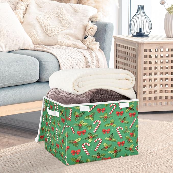 Christmas Candy Canes Holly Bows Storage Bins with Lids Foldable Storage Basket with Handles Collapsible Large Fabric Organizer Containers for Clothes Shelves Closet Office Home