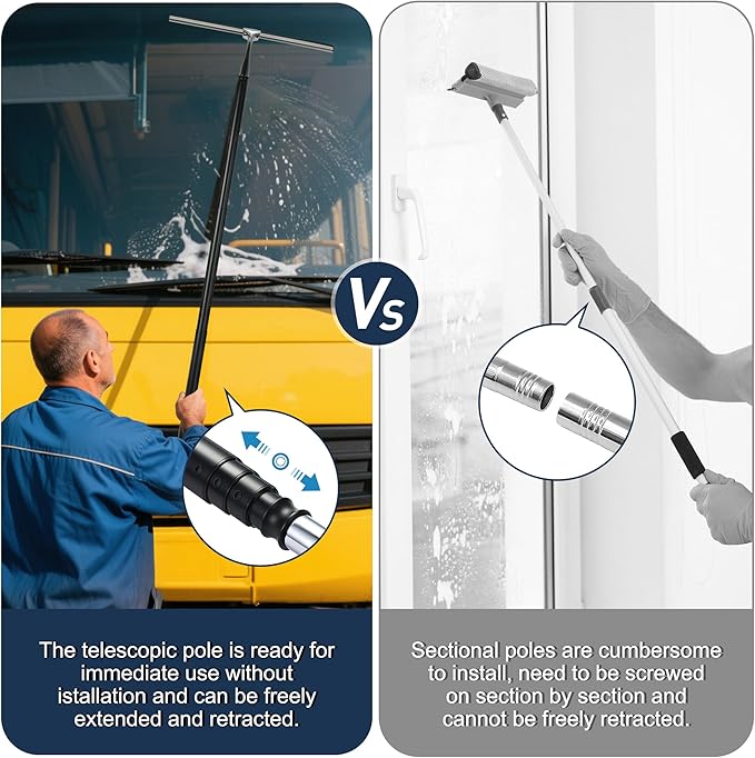 Eahwey 12-51’’ Telescopic Window Squeegee for High Windows, 2-in-1 Window Cleaning Kit with Extra Silicone Blade & Hook, Professional Squeegee for Shower Glass Doors, Car Windshield & Outdoor Use
