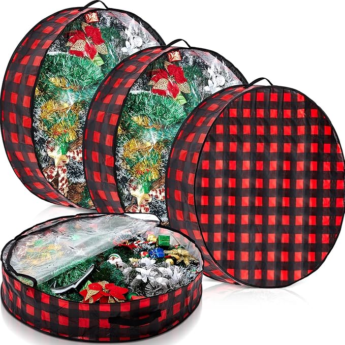 Aliceset 4 Pack Wreath Storage Containers, Christmas Ornament Garland Wreath Storage Bags with Handle Dual Zipper Large Decorative Storages Box for Winter Wreaths(36 x 36 x 7.8 Inch,Red Black Plaid)