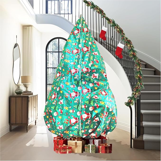 Upright Christmas Tree Storage Bag,Fits Up to 9 ft Tall Artificial Tree,Large Holiday Xmas Tree Cover Upright Tree Dustproof Bag with Zipper & Drawstring 6.6ft(W)*9.2ft(H) *52in(Dia) (Green)