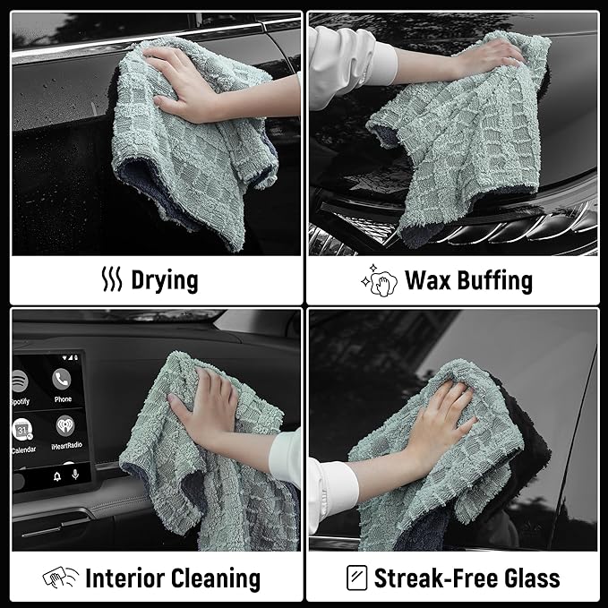 LIVOS Car Drying Towel, Premium Microfiber Towels for Cars, 1000GSM, Edgeless Twisted Loop Design, No Streaks, Scratches, or Water Spot, Absorbent Wash Towel, 18" x 24" (Check Silver&Grey)