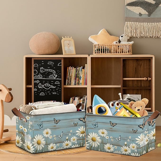 Vintage Daisy Wooden Storage Baskets,Butterfly Foldable Large Capacity Organizer Bins with Waterproof Lining and Leather Handles for Closet,Shelf,Bedroom 17x11.5x10Inch