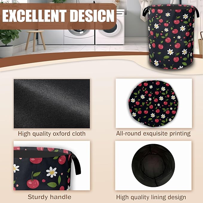 Laundry Hamper,Cherry Collapsible Laundry Baskets Waterproof Oxford Cloth With Handles,Clothes Storage Bucket Toy Organizer For Bathroom/Nursery/Bedroom 16" x 20.8"