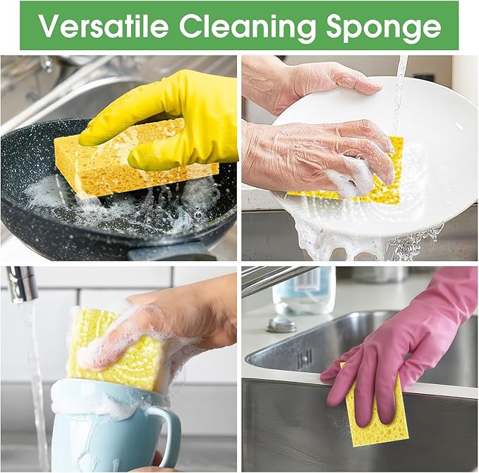 MOWPOG 12 PCS Dish Sponges Kitchen, Non Scratch Cleaning Sponge for Non Stick Cookware, Natural Compressed Cellulose Wash Scrub for Household Bathroom, Soft Washing Scrubbers (Yellow)