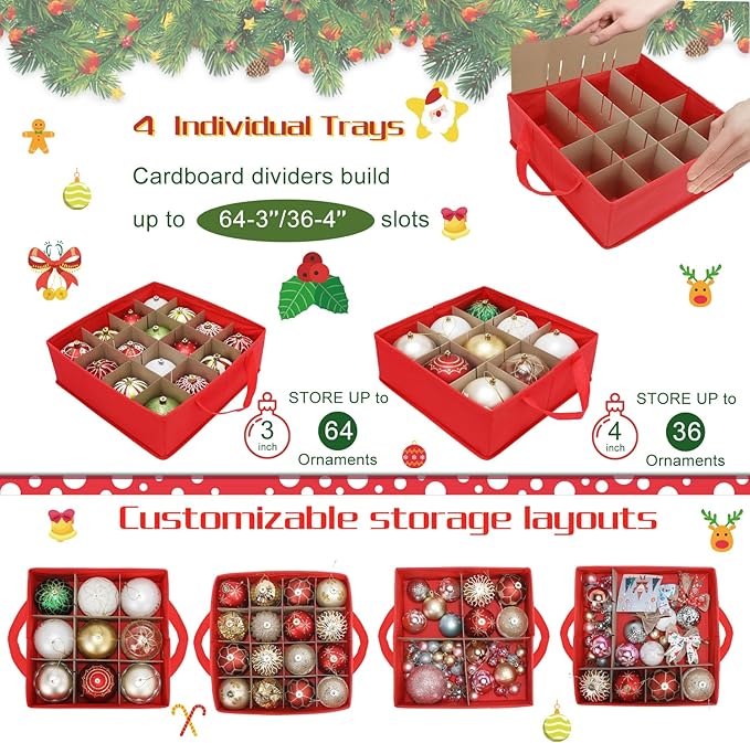 Large 2-in-1 Christmas Ornament Storage Box & Xmas Figurine Container,4 Separate Trays Keep 64-3"/ 36-4" Holiday Ornaments,Adjustable Extent Area for Figurines and Pockets for Decoration