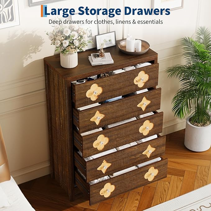 Garvee Dresser for Bedroom with 5 Drawers, 45'' Tall Chest of Large Decorative Drawer Front with Large Clothes Storage Cabinet, Wood Bedroom Dresser, TV Stand for Nursery, Living Room, Enterway