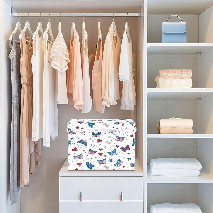 Bolaz Storage Bins with Lids and Handles,Butterfly Flag Stars Pattern Storage Box Basket with Cover Collapsible Organizer Containers for Home Closet, Shelves