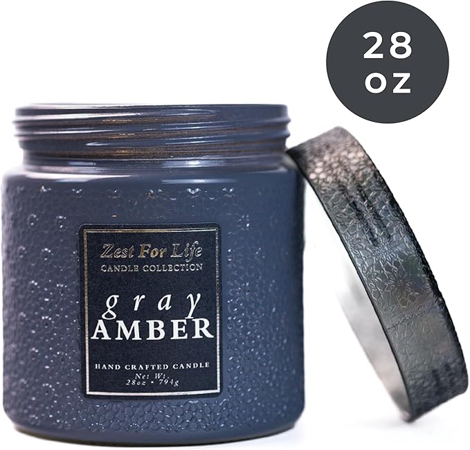 A Cheerful Giver - 28oz Large Scented Candle Jar with Lid- Zest for Life - 130 Hours of Burn Time, Gift for Women (Large, Gray Amber)