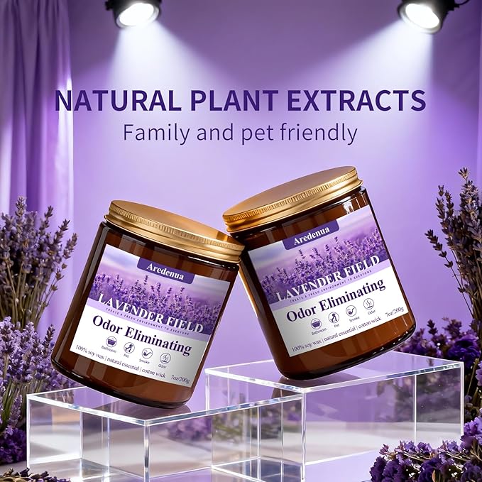 Lavender Odor Eliminating Candles | Eliminates 95% of Pet, Bad Smell & Bathroom Odors – 7oz Hand Poured Soy Candle - Aromatherapy Stress Relief Scented Candles - Relaxing Gifts for Calm & Fresh Homes