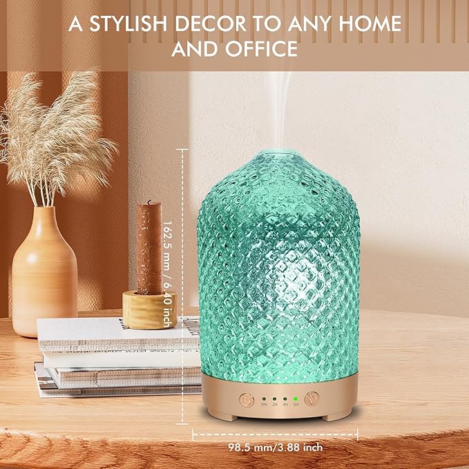 Glass Essential Oil Diffuser 200ml-Ultrasonic Aroma Diffuser with Glass Dome, Aromatherapy Diffuser with 4 Timers 7 Color LED Lights Auto Shut-Off Protection for Home Office Yoga Gift