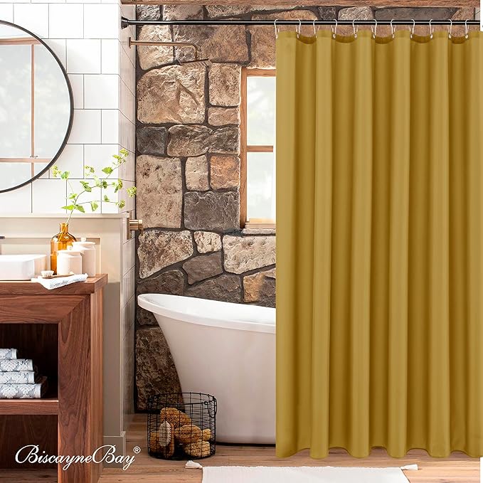 Biscaynebay Hotel Quality Extra Long Fabric Shower Liners 72" Width by 84" Length, Gold Water Resistant Bathroom Curtains Rust Resistant Grommets & Weighted Bottom Hem Machine Washable
