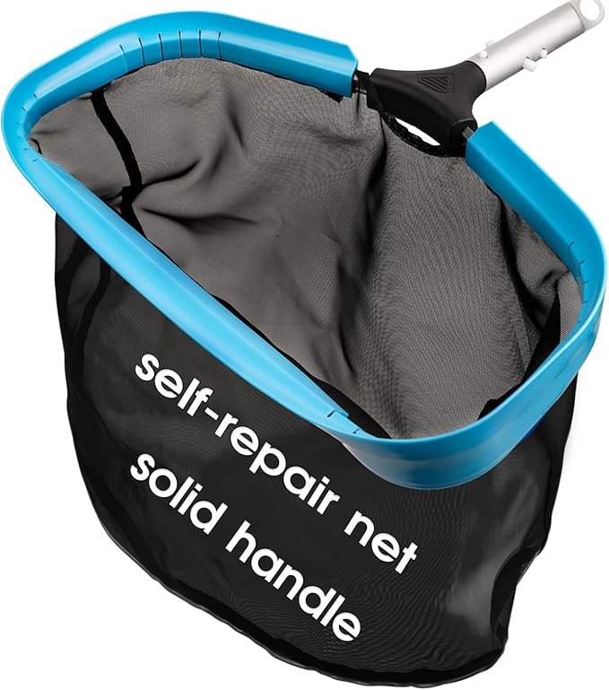 Self-Repair Heavy Duty Pool Net, Upgrade Reinforced Handle, Pool Cleaning Skimmer Net with Nylon Fine Mesh Net, Thick Aluminum Frame, Deep Trash Bag for Above Ground & Inground Pools