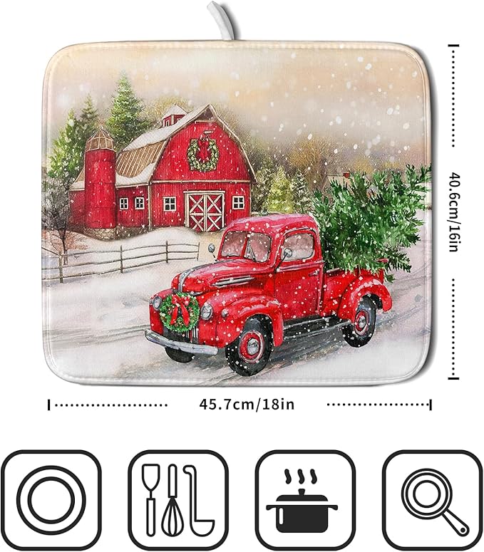 Red Truck Dish Drying Mat Xmas Tree Dish Drainer Rack Mat Winter Microfiber Absorbent Drying Pad for Home Kitchen Counter Decor 16x18 Inch