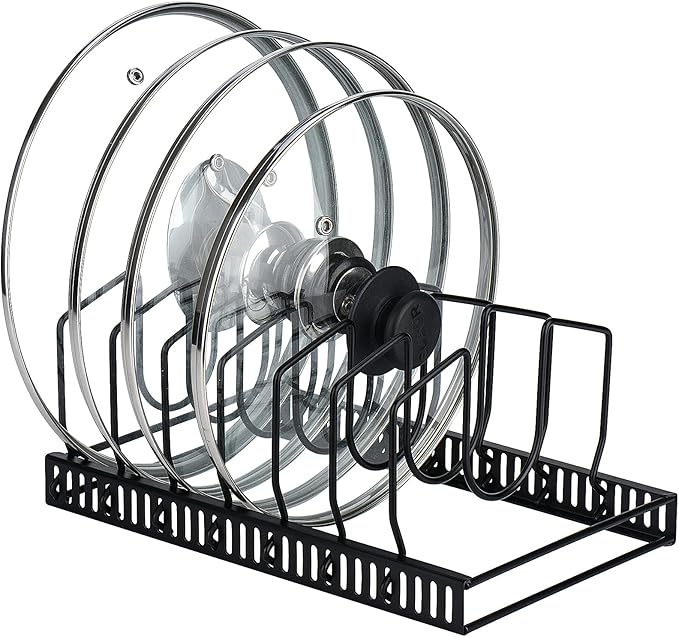 Toplife Pot Lids Organizer Rack for Cabinet and Countertop, 7+ Pan Lids and Bakeware Organizer Rack Holder with 7 Adjustable Compartments - Black