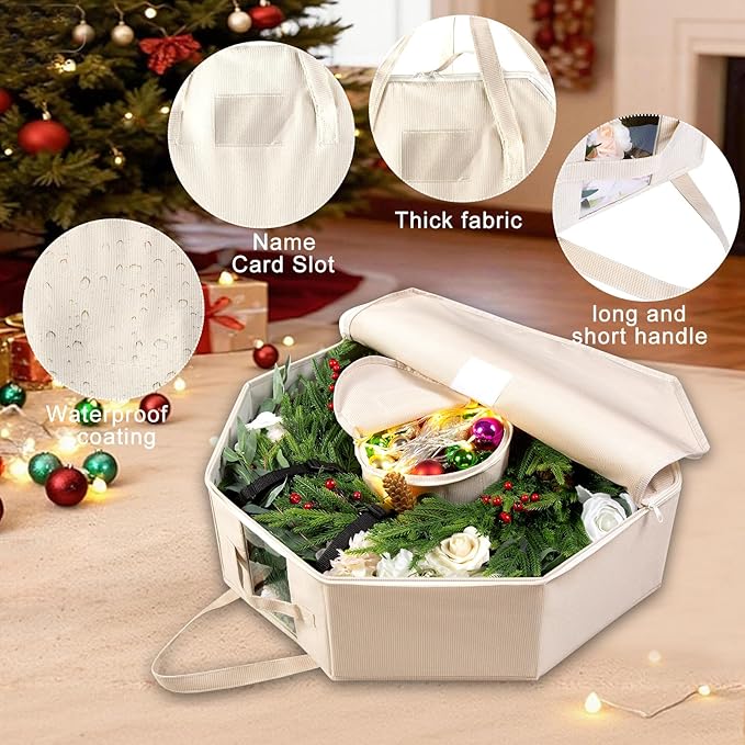 Wreath Storage Christmas Garlands Bag with Interior Pockets Large Xmas Container Box for Holiday Decorations Case with Zipper Handles Window Labeling Card Slot 24" Houndstooth