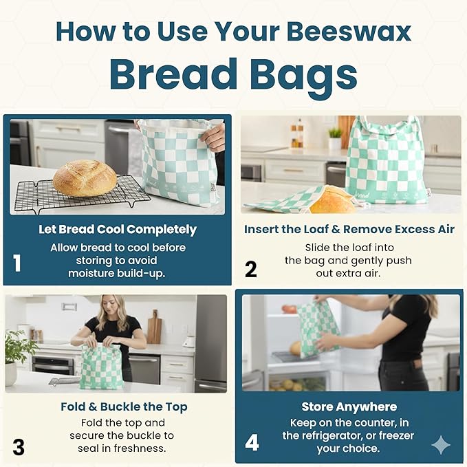 Buzzy Bags 3-Pack Reusable Beeswax Bread Bags (XL, M, S) - Organic Cotton Beeswax Bread Storage Bag for Homemade Bread & Sourdough Freezer-Safe, Breathable & Freshness Support - Eco-Friendly Bread Bag