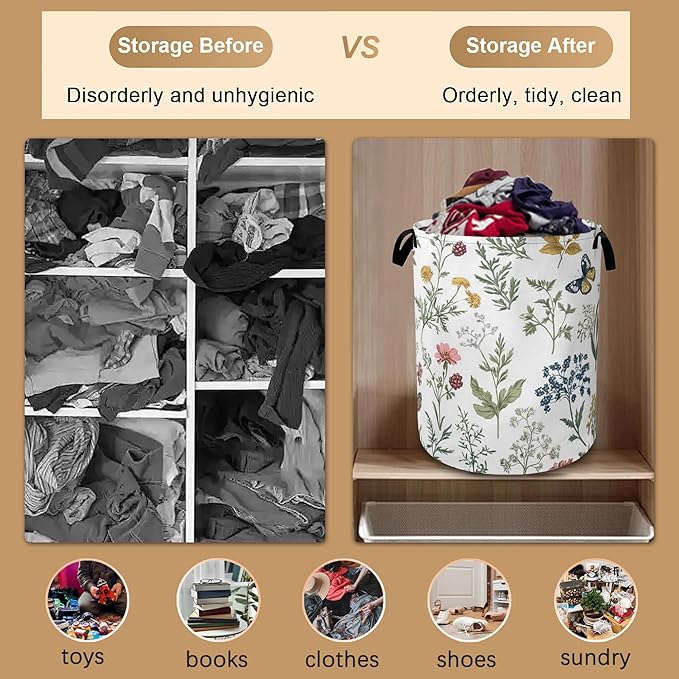 Beautiful Floral Laundry Hamper,Collapsible Laundry Baskets,Flowers Butterfly Dirty Clothes Baskets with Handles,Oxford Cloth Hamper for Bedroom,Bathroom,College Dorms,16"x20"