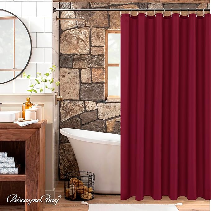 Biscaynebay Quality Fabric Shower Curtain Liners 72 Inch by 72 Inch, Burgundy Water Resistant Bathroom Curtains Rust Resistant Grommets & Weighted Bottom Hem Machine Washable