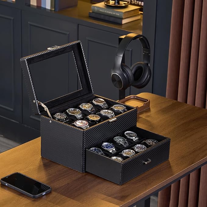 ProCase Watch Box for Men, Jewelry Organizer Box with Drawer, Display Storage Case with Glass Lid -AllBlack, 16 Slot