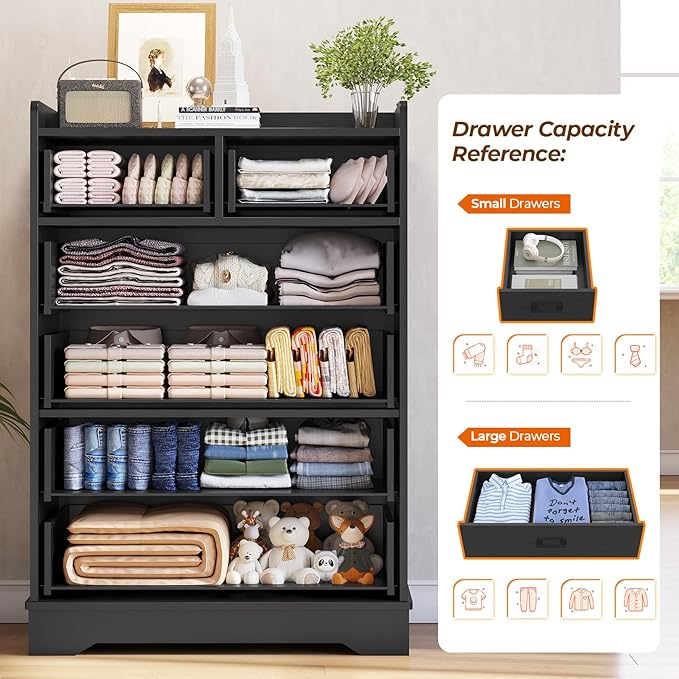Hasuit Black 6 Drawer Dresser, Wooden Storage Chest of 6 Drawers, Vertical Large Capacity Clothing Storage Organizer, Tall Dressers for Bedroom, Hallway, Entryway