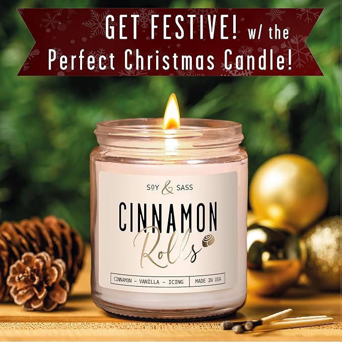 Cinnamon Candle, Fall Candles, Christmas Candles - 'Cinnamon Rolls' Autumn Scented Soy Candle for Home, 9oz Reusable Jar, 50Hr Burn, Made in USA