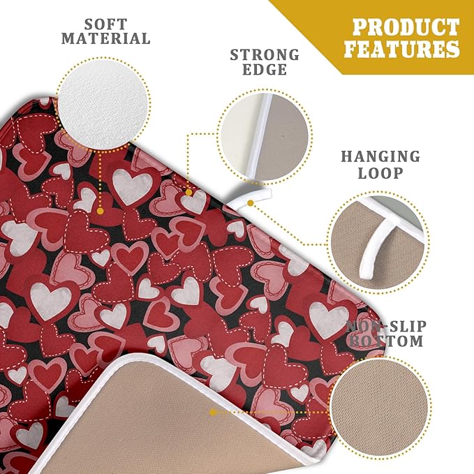 Valentines Day Dish Drying Mat for Kitchen Counter 18x16 Inch Love Drying Mat with Absorbent Reversible Microfiber Black Red Grey Heart Dish Drainer Mats Rack Pad for Coffee Countertop Protector