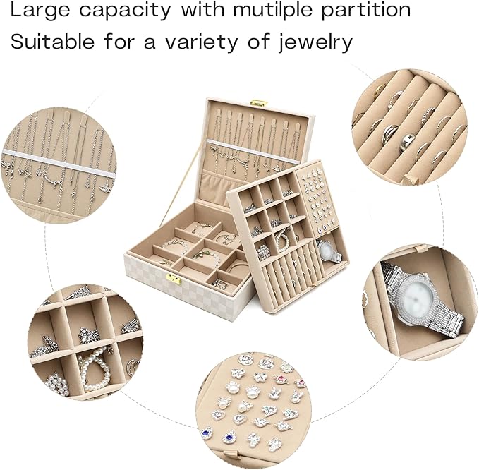 Jewelry Organizer Box, Jewelry Box Organizers for Women Girls, Jewellery Display Holder, 2 Layers Large Leather Jewels Storage Case for Earring, Rings, Necklaces, Bracelets, Watch, Ideal Gift (Beige)