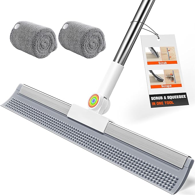 Floor Squeegee for Water & Pet Hair, Silicone Squeegee with 62" Long Handle, Includes 2 Cleaning Cloths, Squeegee for Concrete Floors, Garage, Bathroom Tile, Shower Glass, Carpet, Deck & Hardwood