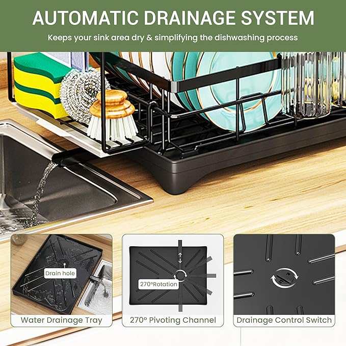 DINEST 1 Tier Dish Drying Rack with Drainboard – Rust Resistant Iron Kitchen Dish Rack with 270° Rotating Spout, Utensil & Plate Holders – Compact Drying Rack for Kitchen Counter - Black