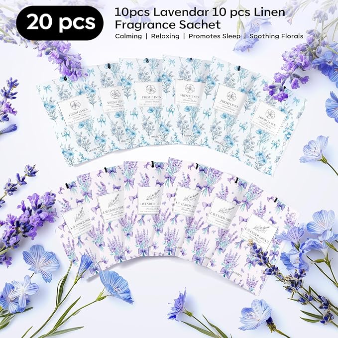 MYARO 20 Packs Lavender Linen Scent Sachet Long Lasting Closet Drawer Deodorizer Home Air Freshener Room Odor Eliminator