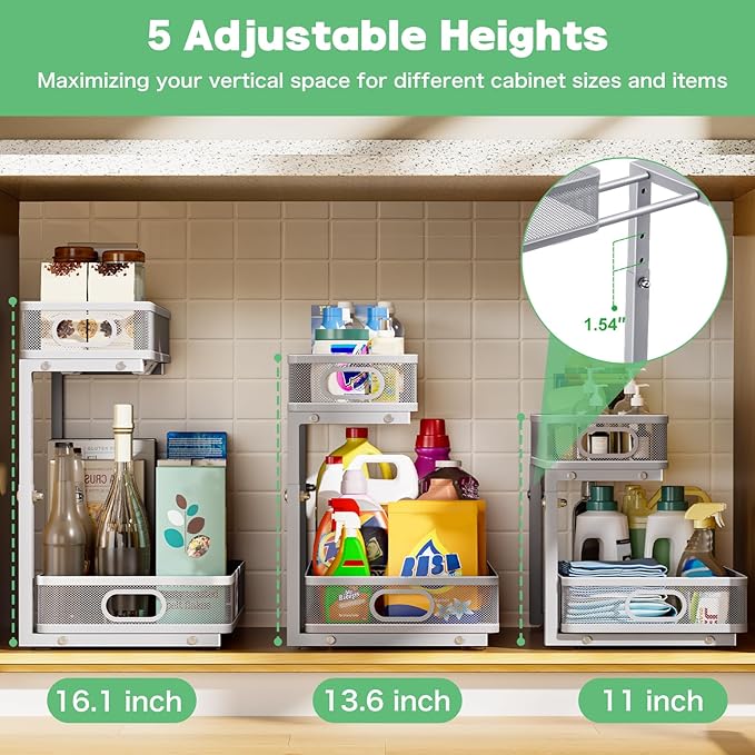 Under Sink Organizer, High Adjustable 2 Tier Under Sink Organizers and Storage, Slide Out Metal Cabinet Organizers, Pull Out Sink Storage Drawer Shelf for Kitchen Bathroom Cabinet, Grey, 2 Pack