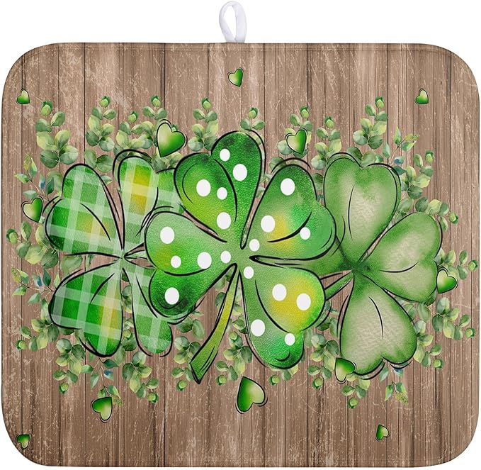 Wnoesat St Patricks Day Wooden Plank Shamrock Drying Mat for Kitchen Counter St Patrick Eucalyptus Leaves Clover Dish Drainer Mats Absorbent Microfiber Dishes Pad Reusable Washable Dry Mat 16x18 Inch