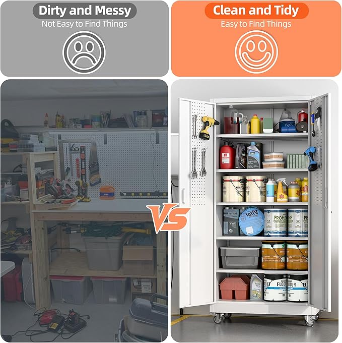 Metal Storage Cabinet with Pegboard,71" H Gargage Storage Cabinet with Whees,Doors and Shelves for Garage,Home Office,Required Assembly,White