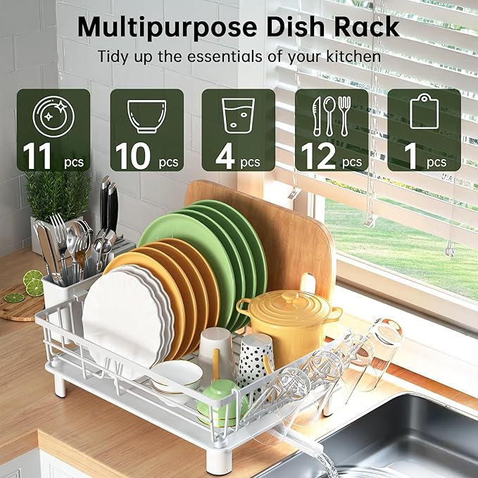IMXSUMDA Dish Drying Rack, Dish Racks for Kitchen Counter, Detachable Dish Drainer with Drainboard, Utensil Holder, Cup Holder, Space Saving Kitchen Drying Rack for Small Home and Appartment, White