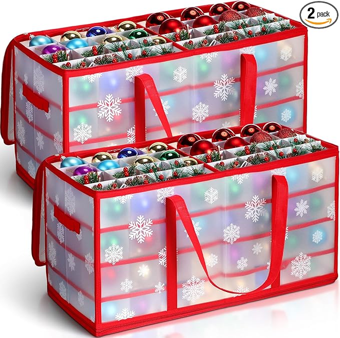 Hosuly 2 Pcs Plastic Christmas Ornaments Storage Box with Dividers, Zippers, 8 Trays,128 Slots, Christmas Storage Containers Xmas Ornaments Organizer for Holiday Balls Ornaments(Snowflake)