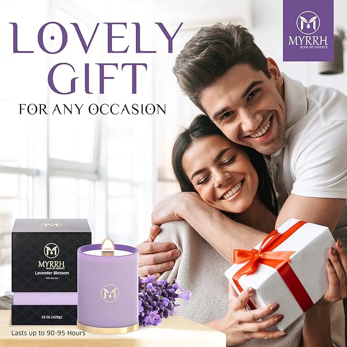 MyrrhUSA Lavender Blossom Scented Candle – 15oz Natural Soy Wax with Crackling Wooden Wick & Essential Oil, 80 Hour Burn | Luxury Aromatherapy Candle for Relaxation, Home Décor, Living Room & Bathroom