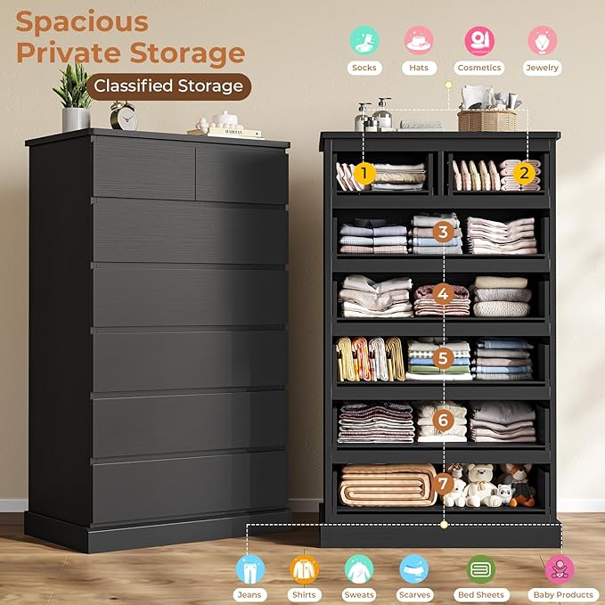DICTAC Black Tall Dresser for Bedroom with 7 Drawers, 51.8" Tall Dressers & Chests of Drawers, Modern Wood Closet Organizer and Storage Cabinet, Large Vertical Dresser for Bedroom, Closet, Hallway
