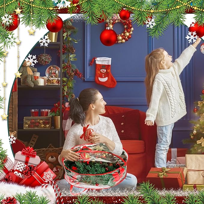 Shappy 4 Pcs 36 Inch Christmas Wreath Storage Container Clear Wreath Storage Bags PVC Waterproof Garland Bags with Clear Window Dual Zippers and Handles for Xmas Holiday Artificial Garland (Red)
