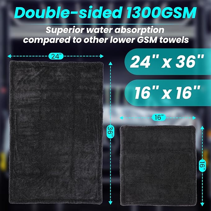 Mysticline 2 Pack 1300 GSM Car Drying Towel,Double-Sided Microfiber Towels for Cars(24'' x 36''&16 ''x 16''),Extra Large Ultra Absorbent,Without Residual Lint,Scratches or Water Spots