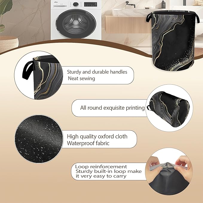 Black Gold Marble Laundry Basket,Modern Clothes Hamper,Oxford Cloth Collapsible Nursery Hamper Storage Organization for Bedroom,Bathroom,Office,College Dorms,16x20 Inch