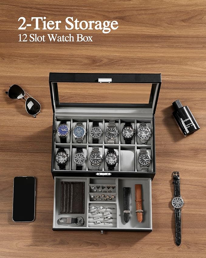 GUKA Watch Box 12 Slot Watch Display Organizer Leather Jewelry Case Drawer Glass Birthday for Men Women, Child Husband Dad