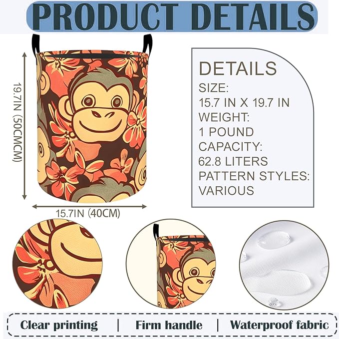Monkey Laundry Basket Hamper 19.7"x15.8", Cute Cartoon Foldable Waterproof Oxford Clothes Storage Bucket for Room Bathroom Bedroom Nursery Decor, Toy Organizer Bins Gifts for Kids Boys Girls